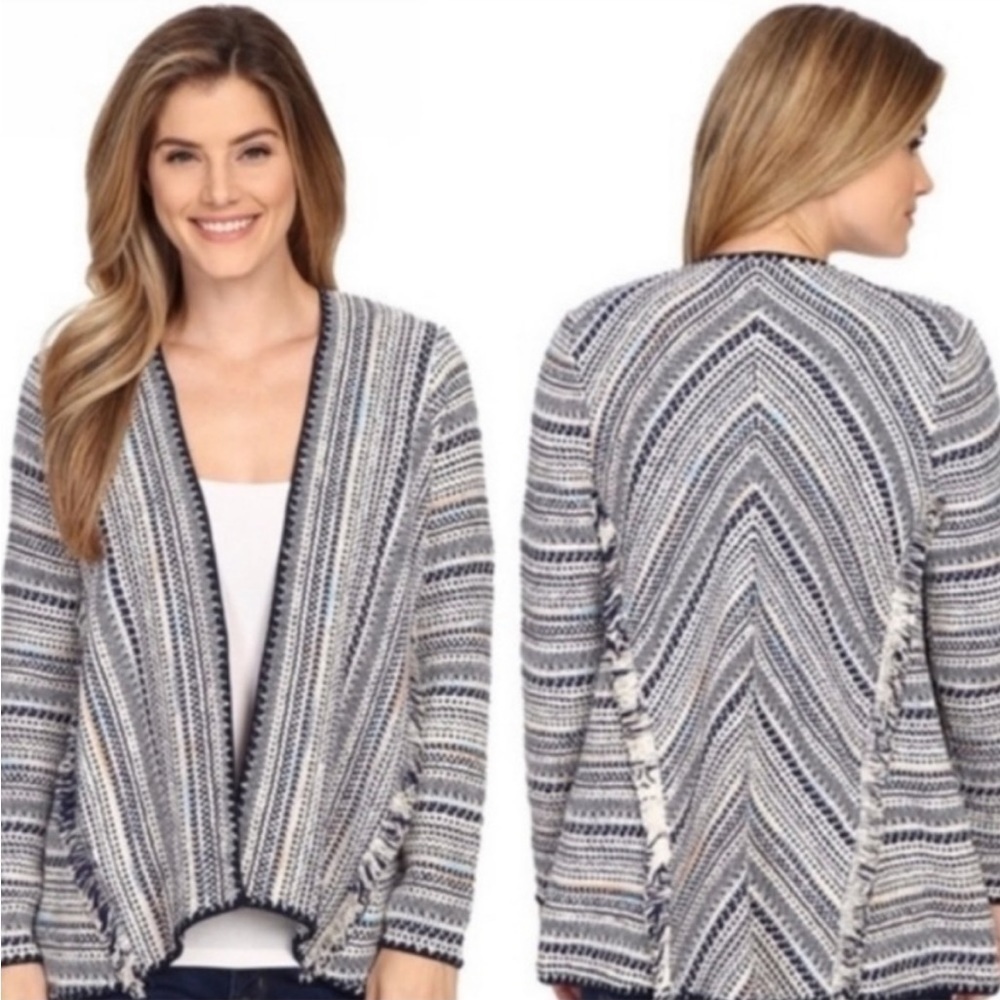 Lucky Brand Pottery Knit Open Front Boho Cardigan Fringe Trim